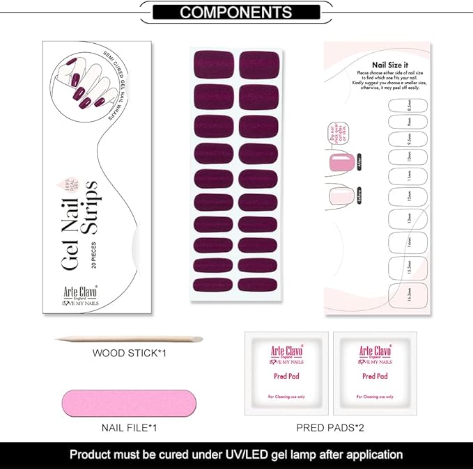 Arte Clavo Semi Cured Gel Nail Strips, 20 Pcs Gel Nail Stickers with UV Light Required, Salon Quality, Long Lasting, Easy Apply and Remove (Deep Plum Cat Eye)