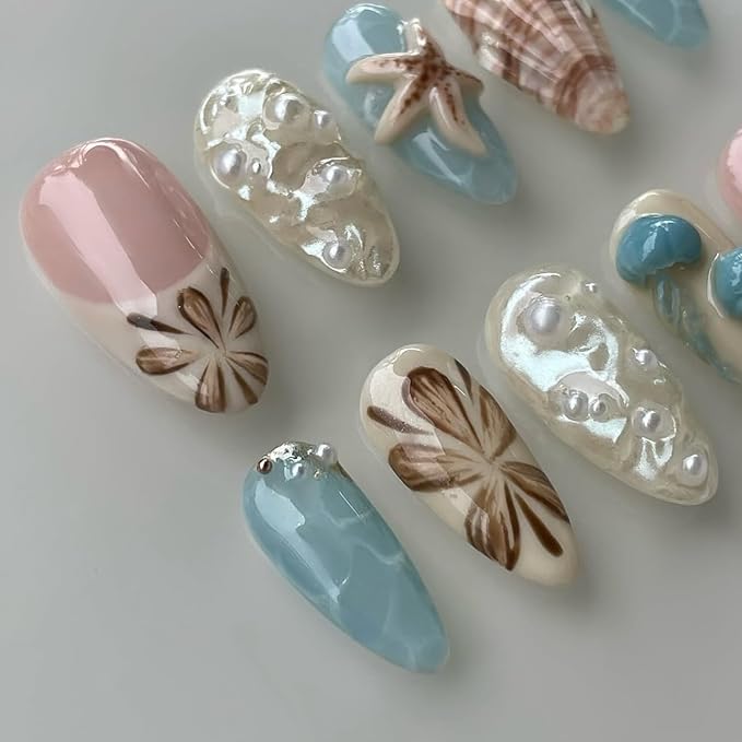 Luxury Press on Nails Short Almond Handmade 3D Unique Reusable ABS Material Fake Nails French Tip False Nails with Designs Flower Jellyfish Shell Pearls Glossy Glue on Nails Thick Acrylic Nails(M)