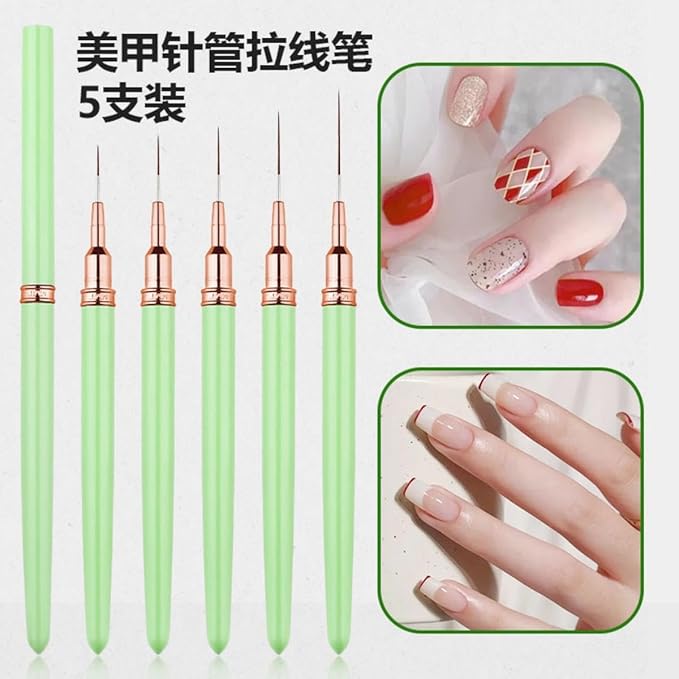 Metallic Liner Nail Art Brushes Set, Nail Art Pens, 5PCS Green Color Nail Tools Liner Brush UV Gel Polish Painting Nail Design For Long Lines, Thin Details, Fine Drawing, Sizes 7/9/11/15/25mm