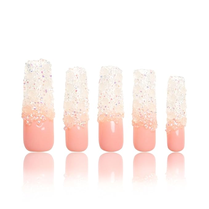 LOVFUL Press on Nails Amour Blanc| Handmade with Full Covered Crystals| Reusable Fake Nails| Square Mid length 1.7in| H205-S