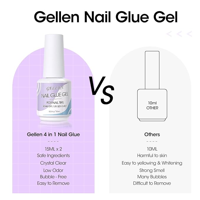 Gellen Nail Glue Gel, 2PCS 15ML 3 in 1 Gel Nail Glue for Acrylic Nail & Base Gel & Nail Strengthener Kit, Nail Glue for Press On Nails False Nails, Super Strong Gel Glue for Nail Extension
