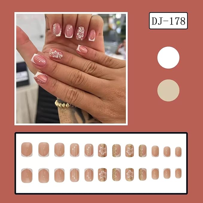 Short Square Press on Nails - White French Tip Fake Nails with Flower Design - Cute Full Cover Stick on False Nails -for Women 24 Pcs