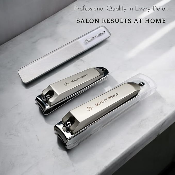 Nail Clippers Set 3 in 1 - Stainless Steel Toe Nail Clippers, Fingernail Clipper, Glass Nail File, Anti Splash, Ergonomic Grip in PU Leather Travel Case for Men & Women - Valentine's Gift