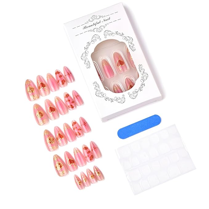 24Pcs Valentines Press on Nails Medium Almond Fake Nails Heart False Nails Flower Nails Press Ons with Gold Design Glossy Stick on Nail Gradient Glue on Nail for Women Decoration Set