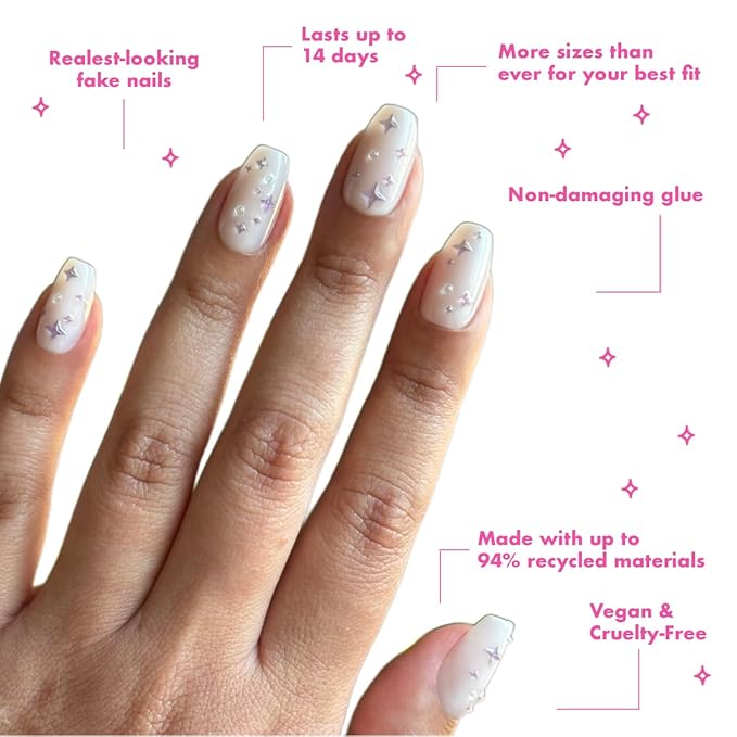 Olive & June Maximalist Instant Mani Press-On Nails (Glue) | 42 Fake Nails, 21 Sizes | Non-Toxic, Long-Lasting Big, Bold Gorgeous Realistic Look | Medium, Coffin | Puffy Sparkles & Pearls