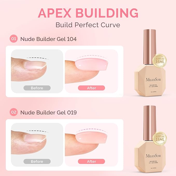 MelodySusie 2PCS 15ML Nude and Pink Builder Gel Set for Nails Thickening, Soak Off UV Extension Gel Rhinestone Glue in a Bottle for Nail Art Design Gift for Women DIY Manicure at Home