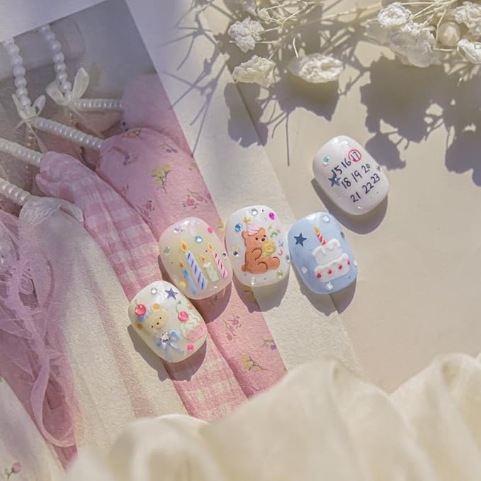 Cartoon Nail Stickers 3D Self-Adhesive Kawaii Animal Nail Supplies Yellow Bear Nail Decals 5D Embossed Cute Birthday Candle Cake Nails Designs for Women DIY Manicure 1 Sheet