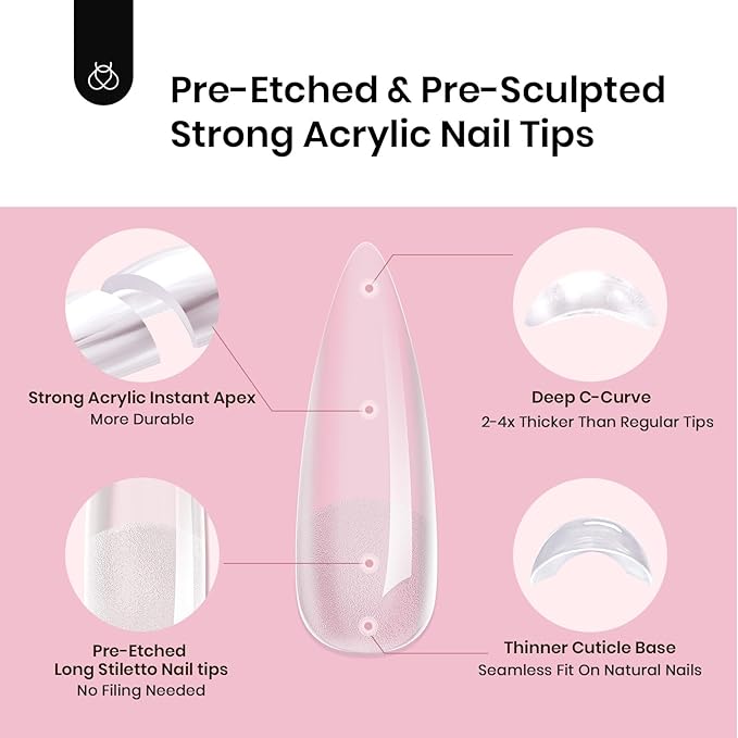 Beetles Tipex Instant Apex Nail Tips, 512Pcs Long Stiletto Pre-Building & Pre-Etched Half Matte Thicker Acrylic Nails Strong Full Cover Extension Press on Nails