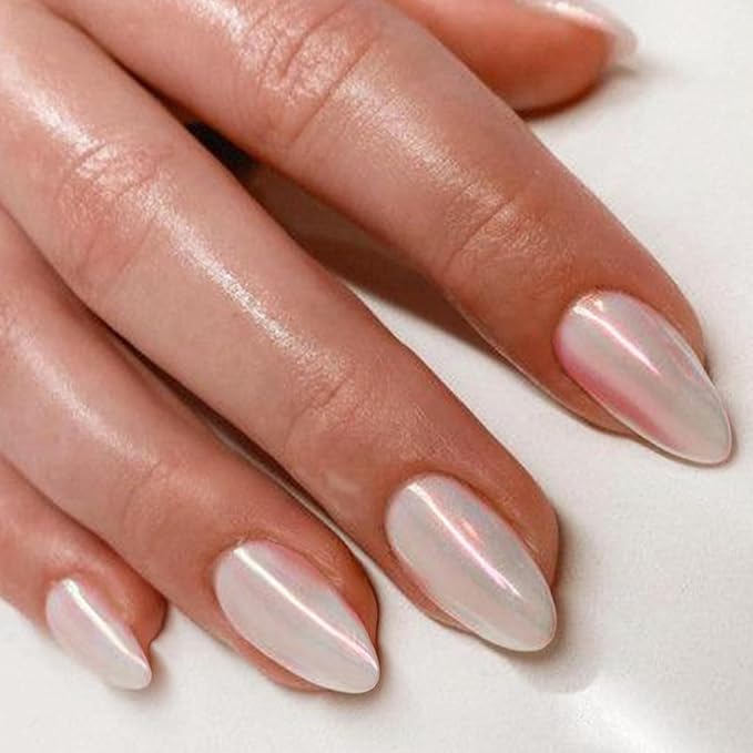 GLAMERMAID Chrome Press On Nails Short Almond, White Pearl Handmade Soft Jelly Gel Fake Nails, Glazed Donut Round Oval Stick Glue on Nails Kit for Women, Mermaid Matal Reusable Acrylic False Nail Set