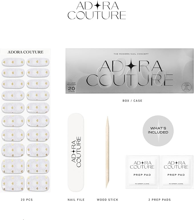 Semi Cured Gel Nail Strips with 20 Pieces - UV Gel Stickers, Manicure Kit, Easy Application Wraps Includes Prep Pads, Nail File, Wooden Stick - UV Light Required (Adore Amour)