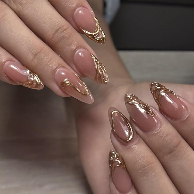 Press on Nails Almond - Medium Fake Nails with Gold Stripes Design - Golden Full Cover Stick on False Nails - for Women 24 Pcs