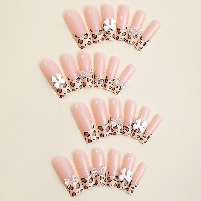 24 Pcs French Press on Nails Long RTKHFZE Square Nude Fake Nails with Leopard Designs False Nails Bow Charms Full Cover Artificial Nails Stick on Nail for Women Girls