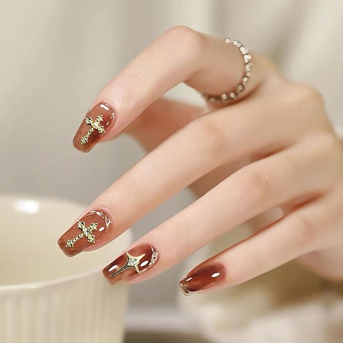 3D Cross Nail Charms for Nail Art, 60 Pcs Metal Crystal Cross Nail Decorations, Alloy Nail Studs and Rhinestones for Women Girl DIY Jewelry Crafts Supplies (Gold+Silver)
