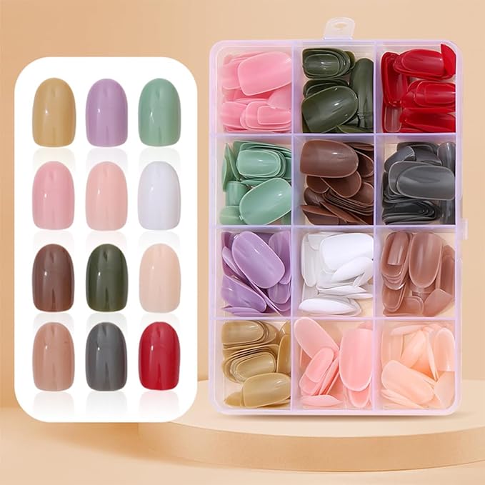 288 Pcs Press On Nails Short Almond Fake Nails Press Ons Set Full Cover Acrylic Glue on Nails Reusable Glossy Artificial Nail Kit Oval False Nails for Women Girls Manicure 12 Color