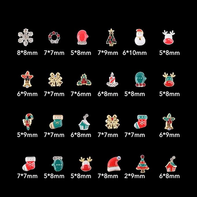 Christmas Nail Charms - 24 Styles/Box Metal Nail Studs, Rhinestones, Crystal, Glitter, Snowflake, Santa, Reindeer DIY Decorations