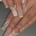 RTKHFZE Press on Nalis Long Coffin Nails Press ons Square Fake Nails Nude Gradient Acrylic False Nails with Metal 3D Butterfly Designs and Gold Glitter Artificial Nail Stick on Nail for Women 24Pcs