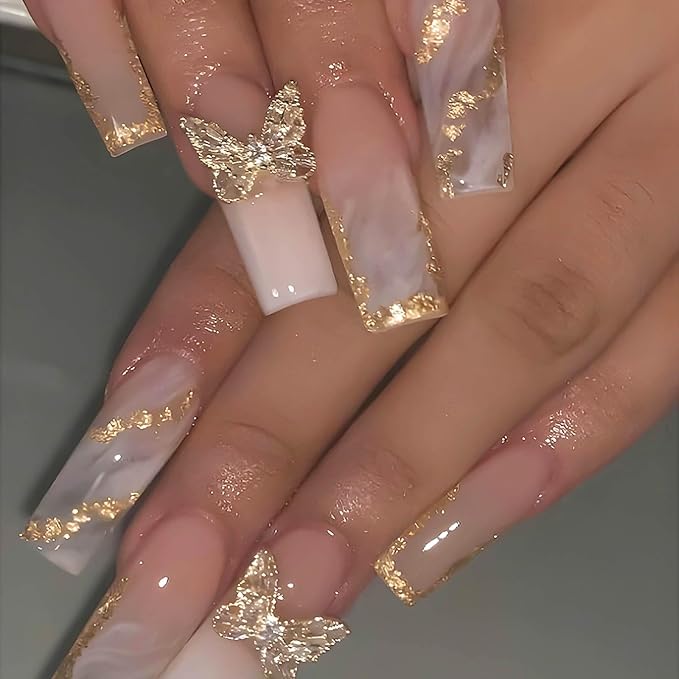 RTKHFZE Press on Nalis Long Coffin Nails Press ons Square Fake Nails Nude Gradient Acrylic False Nails with Metal 3D Butterfly Designs and Gold Glitter Artificial Nail Stick on Nail for Women 24Pcs