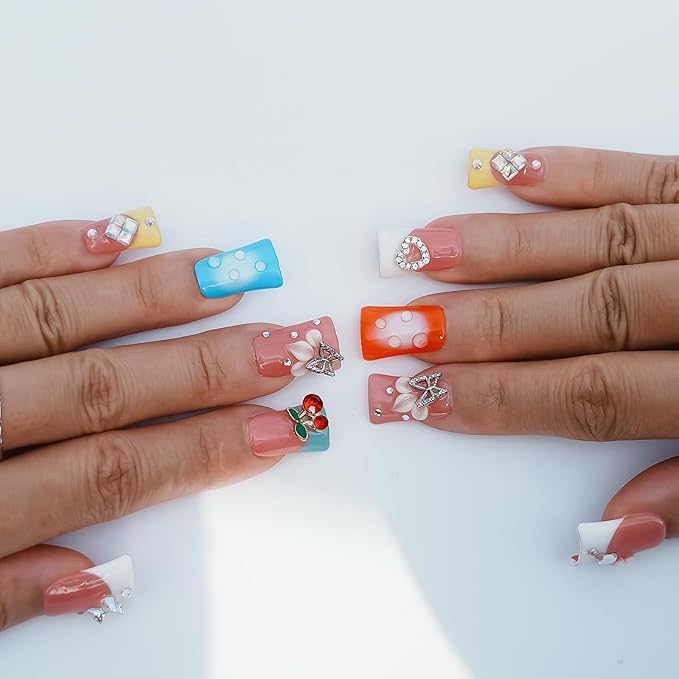 Handmade Press on Nails Short Duck - 3D Floral Metallic Butterflies False Nails Luxury Rhinestone Cherry Petal Flower Design, Reusable Thick Acrylic Full Cover(Spring Bloom Pop,M)