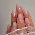 Pink Press on Nails Medium Coffin Fake Nails Gradient Pink False Nails with Design Glitter Glossy Glue on Nails Full Cover Acrylic Stick on Nail Ombre Artificial Nail for Women Manicure 24Pcs