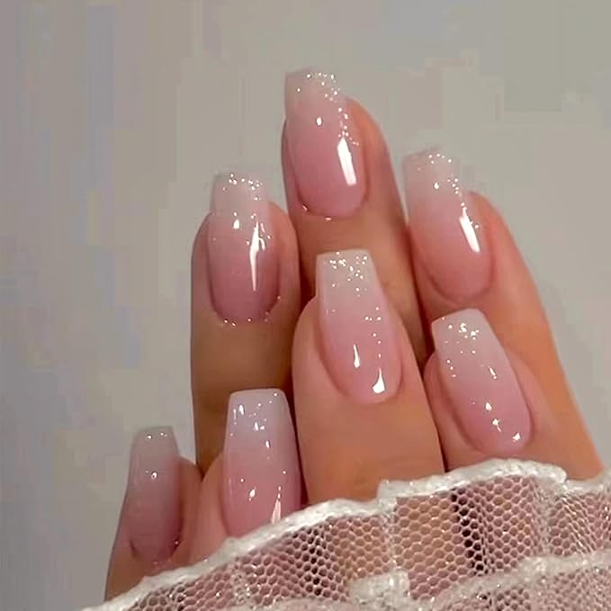 Pink Press on Nails Medium Coffin Fake Nails Gradient Pink False Nails with Design Glitter Glossy Glue on Nails Full Cover Acrylic Stick on Nail Ombre Artificial Nail for Women Manicure 24Pcs