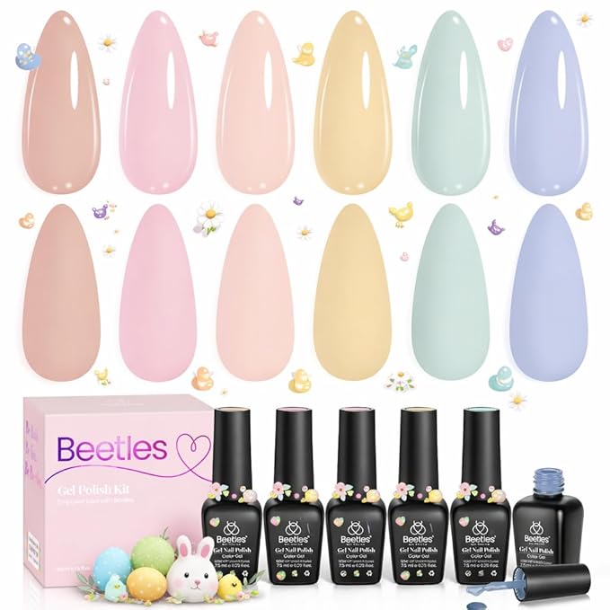 beetles Pastel Gel Polish Set - Soft Echo Collection, 6 Colors Pastel Pink Yellow Blue Polish Macaron Spring Easter Nails Soak Off Uv Gel Manicure Nail Art Design DIY Home Salon