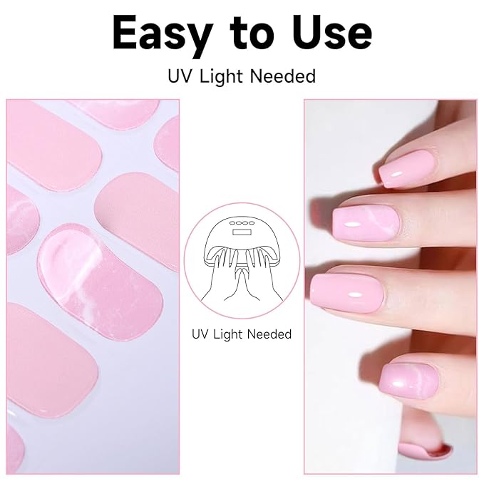 Semi Cured Gel Nail Strips, 28 pcs Gel Nail Stickers Work with Any UV Lights, Long-Lasting Nail Wraps, Stick on Nails for women Easy to Apply & Remove