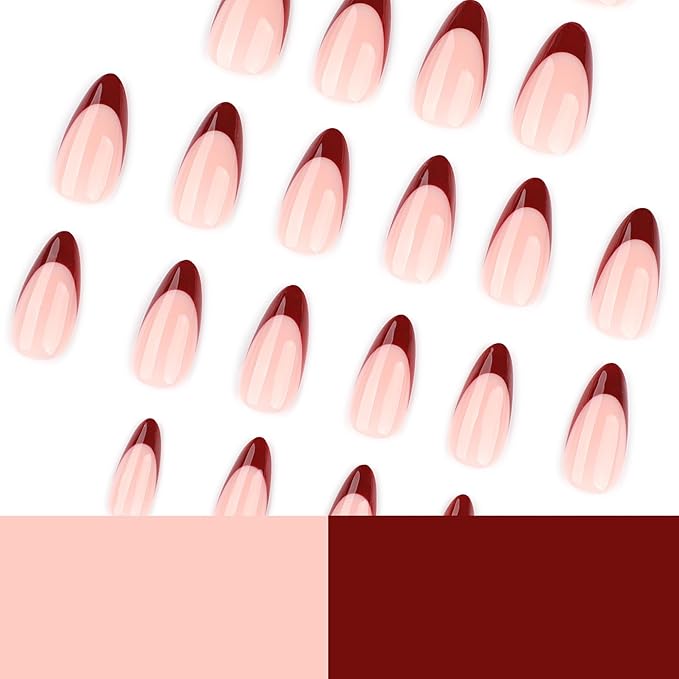 Press on Nails Almond Medium - Wine Red French Tip Fake Nails - Glossy Full Cover Stick on Nails Press Ons - for Women Manicure 24 Pcs