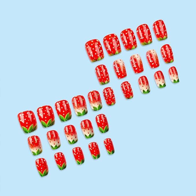French Tip Press on Nails Short Square Fake Nails with Designs Strawberry Glue on Nails Rhinestone Acrylic Nails Summer Fruit False Nails Glossy Full Cover Stick on Nails for Women