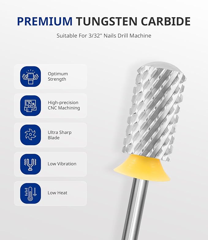 AIRSEE Tungsten Carbide Acrylic Nail Drill Bit Efile Electric File Machine Head Tip for Manicure Polishing Art Remove Gel 3/32" 2 Way Beginner Safety Round Top Cylinder Barrel 2X Coarse-2XC