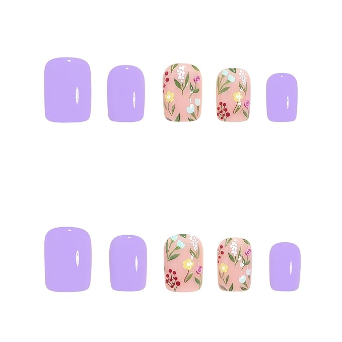 Short Press on Nails - Square Fake Nails with Flower Design - Cute, Spring, Purple False Nails Press ons - for Women 24 Pcs