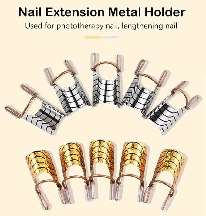 AKOAK 10 Pieces Reusable UV gel Acrylic Nail Art Tips Extension Guidance Form Tool, Nail Extension Metal Aluminum Holder, Nail Salon Home Accessories (Gold)