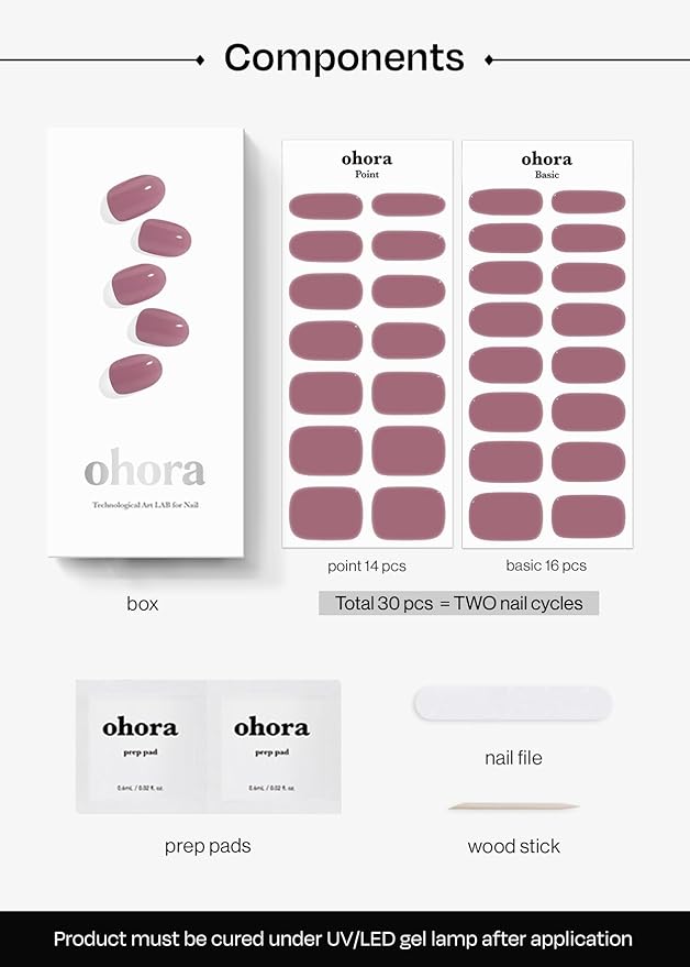 ohora Semi Cured Gel Nail Strips (N Bare Plum) - Purple, Solid, Works with Any UV/LED Lamps, Salon-Quality, Long Lasting, Easy to Apply & Remove - Includes 2 Prep Pads, Nail File & Wooden Stick