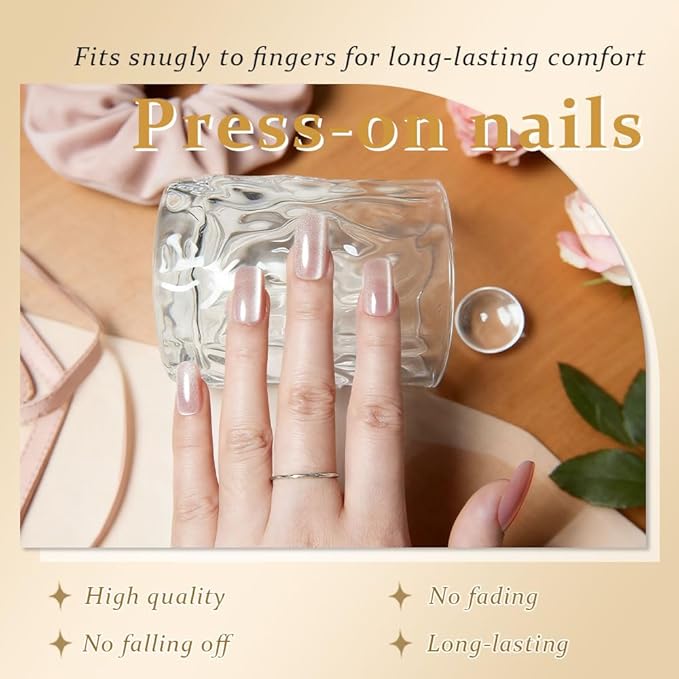 Light Nude Cat Eye Press on Nails Medium Square, Medium Square Press Stick on Nails Chrome for Women Gift, Nude Holographic Glitter Glossy Reusable Soft Gel Acrylic Fake Nail with Cateye Effect Design