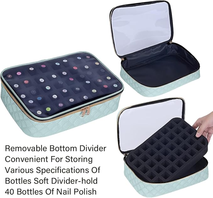 Nail Polish Bag organizer-Holds 40 bottles(15ml-0.5fl.oz)，Nail Polish Carrying Case Clear Multifunctional Cosmetic Travel Cases Makeup Bags Green