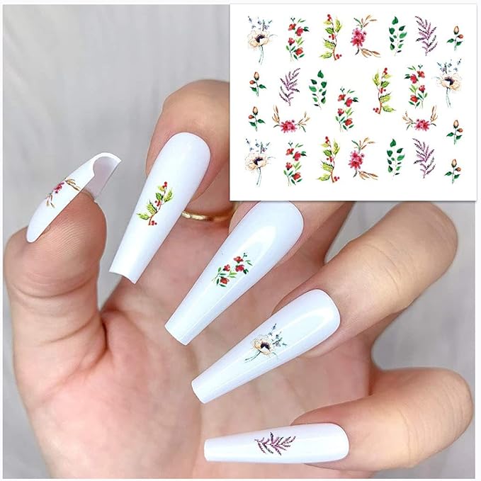 WOKOTO 44 Sheets Feather Nail Art Stickers - 3D Nail Decals with Flowers, Animals - Self-Adhesive Flower Nail Stickers for Women & Girls Acrylic Nails
