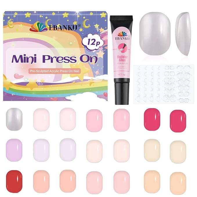 EBANKU 12 Pack Kid Fake Nail, 288 Pieces Kids Short Glossy Press on Nails Short Full Cover Fake Nails for Girls with Nail Glue