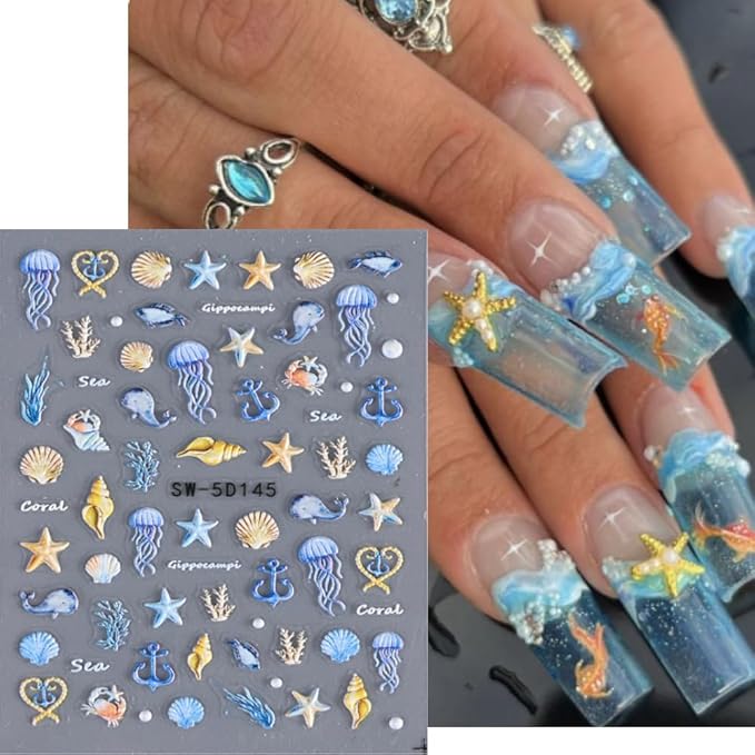5D Embossed Beach Nail Stickers Ocean Nail Art Stickers Summer Nail Decals Self-Adhesive Nails Sticker Cute Jellyfish Shell Starfish Nail Supplies for Women Acrylic Nails DIY Manicure 3Sheets…