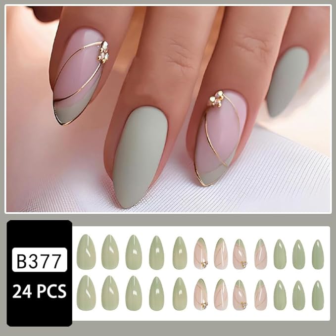 Almond Press on Nails Medium - Green Fake Nails with Gold Line Design - Full Cover Stick on False Nails for Women 24 Pcs