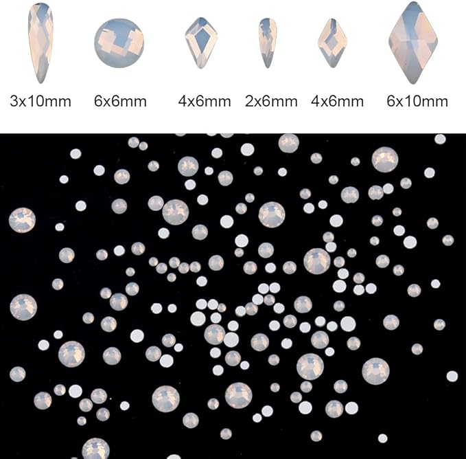 60pcs 6 Different Designs Flatback White Opal Nail Crystal Gems Shaped and 480pcs Round Diamond Rhinestones Assortment for Nail Decoration Charms