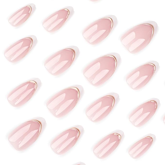 French Press On Nails Short Almond, Nude Fake Nails with White French Tip and 3D Minimalist Gold Line Design, Glossy Gel Finish Acrylic Nails, Natural Reusable Glue On Nails Kit for Women, 24Pcs