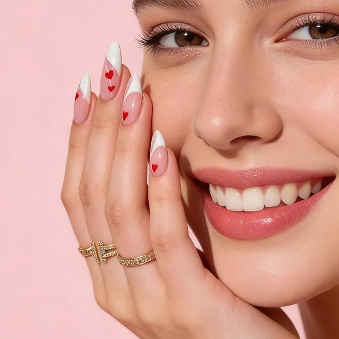 Valentines Day Press on Nails - Red Love Heart Fake Nails - Almond False Nails Press ons - French Tip Acrylic Glue on Nail - Artificial Stick on Nail for Women Manicure 24 Pcs