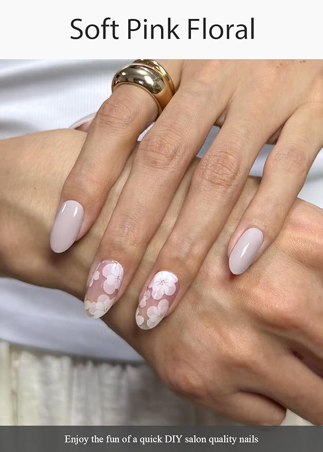 Semi Cured Gel Nail Strips (Soft Pink Floral), 20 Pcs Flower Gel Nail Wraps, Stickers, UV Light Required, Salon Quality, Long Lasting