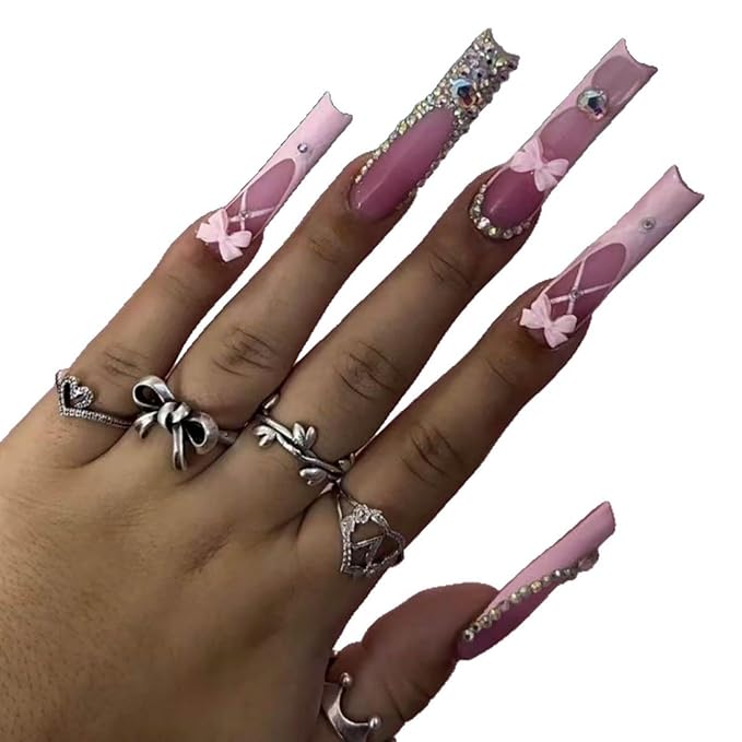 Long Square Press on Nails Pink French Tip Fake Nails Xl False Nails with Bow Rhinestones Designs Long Nails Press ons Sparkly Glue on Nail Full Cover Stick on Nail for Women 24Pcs