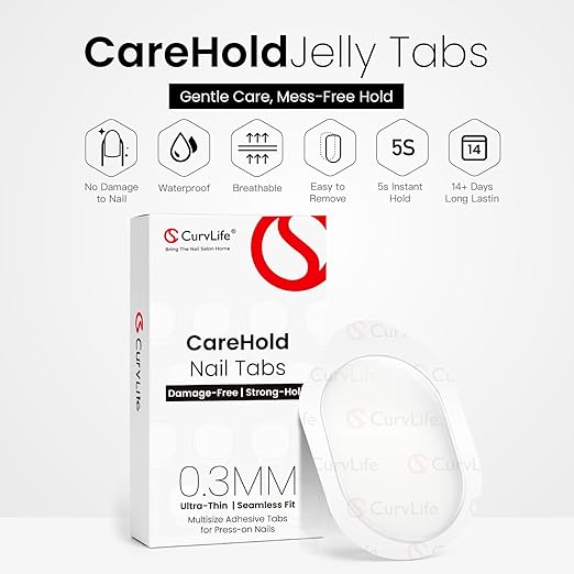 Curvlife CareHold Pro Nail Adhesive Tabs for Press On Nails – 10 Sheets, 15 Sizes Extra Wide 0.3mm Ultra Thin Double Sided Sticky Tabs, Clear Nail Stick Ons for Daily Wear and Gentle Removal