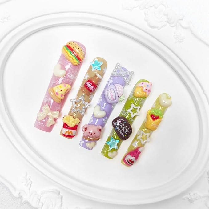 2025 Pastel Kawaii Food Deco Press-On Nails Handmade PMMA Acrylic Reusable Tips w/Box Gifts for Girls (Candy Vibes, M)