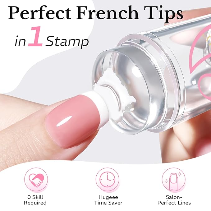 AZUREBEAUTY French Tip Stamp, 6Pcs French Tip Tool, Soft Silicone Nail Stamper, 2 in 1 French Manicure Kit with Nail Stamp Heads, Scraper and Replacement Heads, Nail Art Tools for Home DIY Salon
