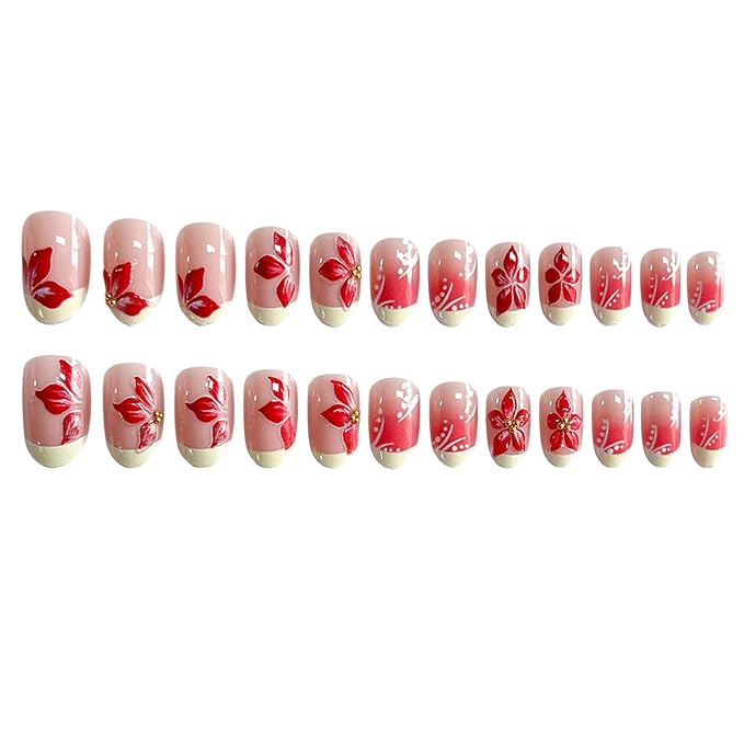 Press on Nails Short Oval MABKJLF Yellow French Tip Fake Nails Flower False Nails with Plumeria Floral Designs Ombre Glossy Glue on Nail Spring Summer Acrylic Nails for Women Girls 24Pcs