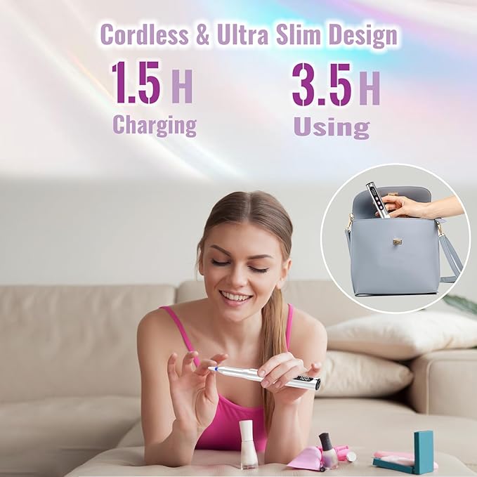 Electric Nail Drill Cordless, 35000RPM Portable Electric Nail File with LCD Display and 12 Nail Drill Bits for Acrylic & Gel Nails, Professional Manicure & Pedicure Kit Set Silver