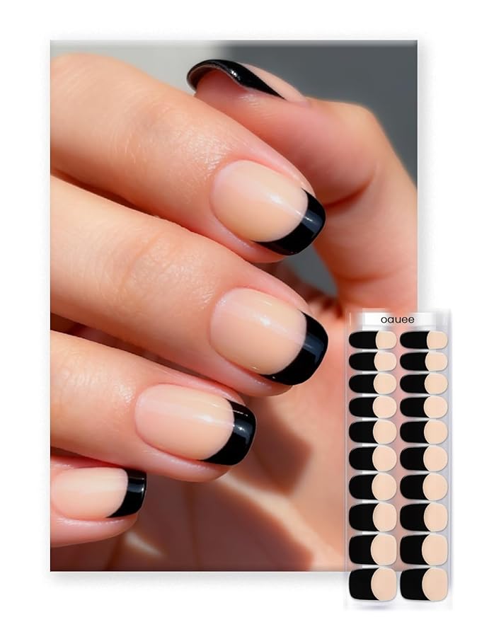 Semi Cured Gel Nail Strips | Built-In Gel Top Coat | UV Light Required | Salon Quality, Easy Application And Removal (Black French)