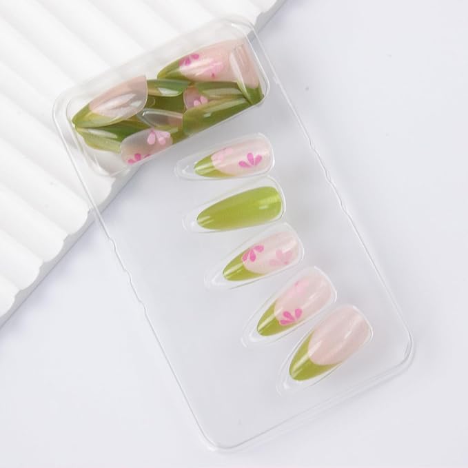 Green Cat Eye Press on Nails Medium Almond Fake Nails Spring Flowers False Nails French Tips Acrylic Nails Glossy Stick on Nail for Women Decoration 24Pcs